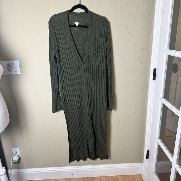 ANTHROPOLOGIE PILCRO Olive Green Distressed Ribbed Duster Sweater Size Medium - Picture 2 of 11